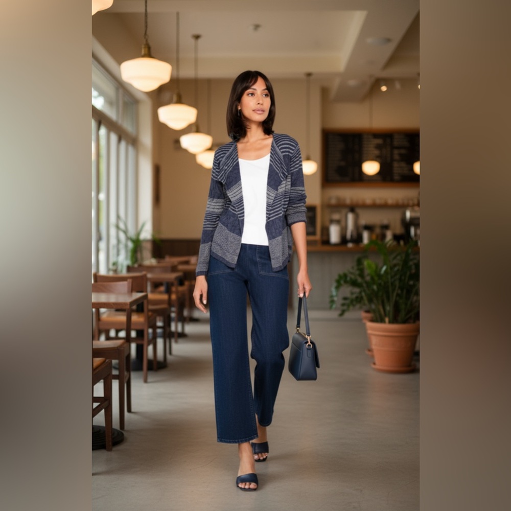 Nic+Zoe SOFT AIR CARDIGAN Striped Navy Open-Front Sweater